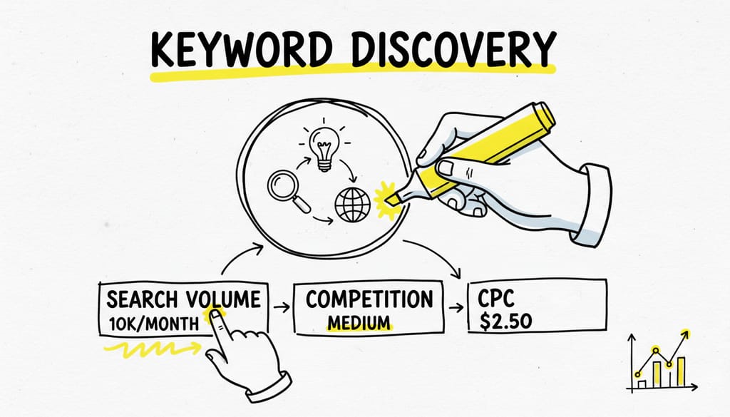 Keyword research tools showing a list of keywords and their metrics
