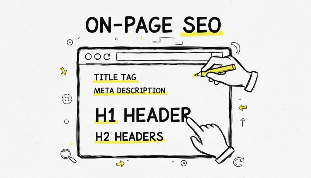 Website page with highlighted on-page SEO elements like title, meta, and headers