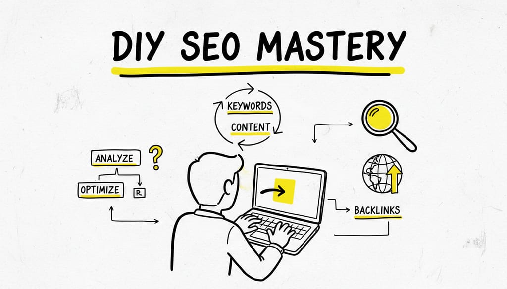 A person typing on a laptop with SEO notes and diagrams, symbolizing self-managed SEO
