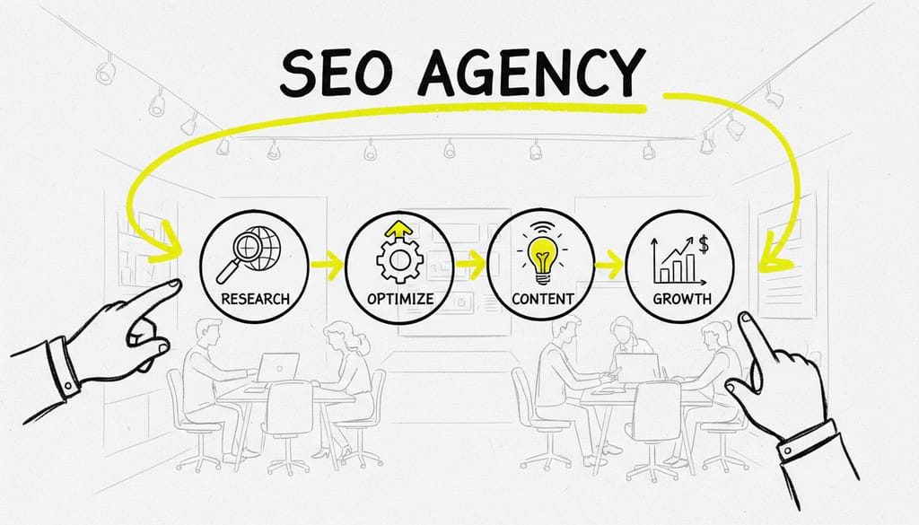 A team of professionals collaborating in a modern office, representing an SEO agency