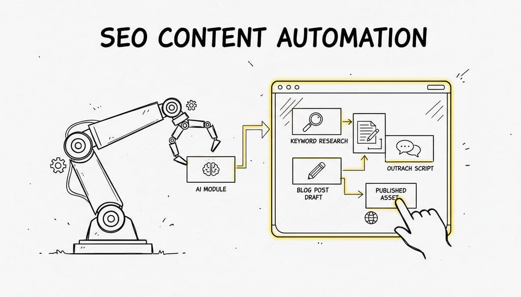 A robotic arm intelligently assembling SEO content modules on a digital interface