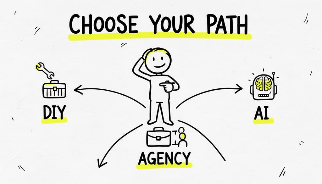 A person making a decision with three distinct paths branching out, labeled DIY, Agency, and AI