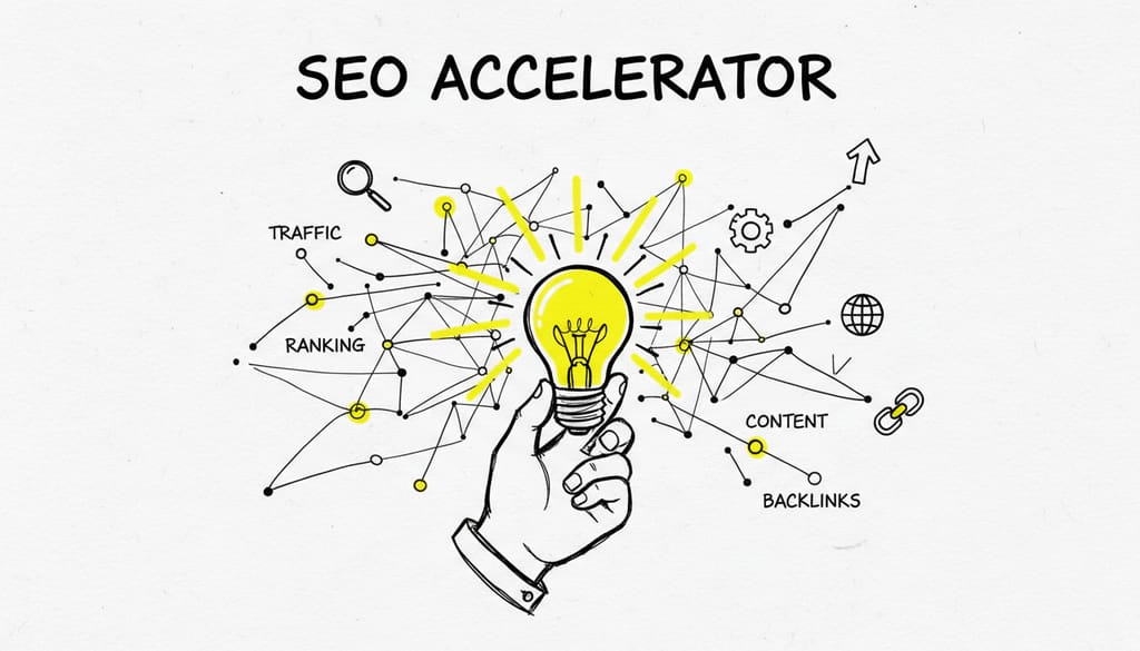 A lightbulb illuminating a complex network of digital connections, symbolizing an efficient SEO solution