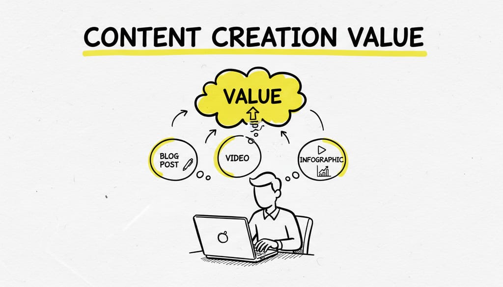 A person typing on a laptop, with thought bubbles above their head showing ideas like "blog post," "video," and "infographic," all contributing to a larger "value" icon.