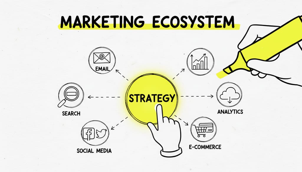 A diverse array of digital icons representing various marketing channels like search, social media, email, and analytics, arranged around a central glowing "strategy" icon.