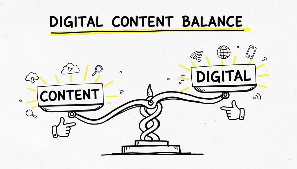 A balanced scale, with "CONTENT" on one side and "DIGITAL" on the other, representing their interconnectedness and distinct weight.