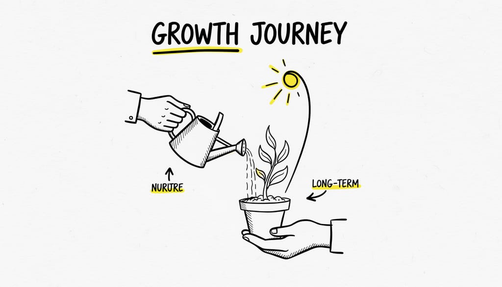 A person watering a small plant, symbolizing nurturing and long-term growth, with sun shining on it.