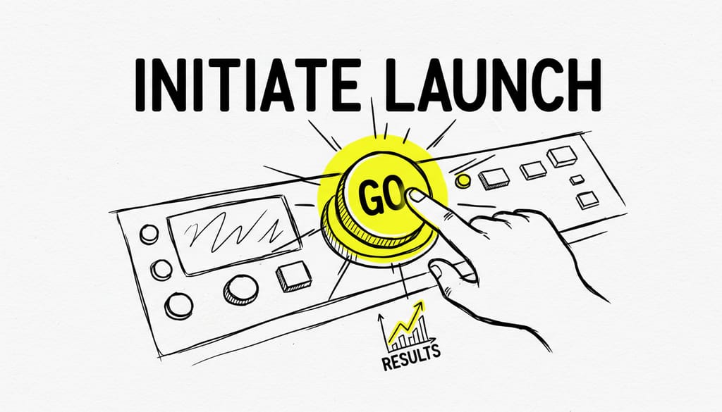 A hand pressing a large, glowing "GO" button on a futuristic control panel, indicating immediate action and results.