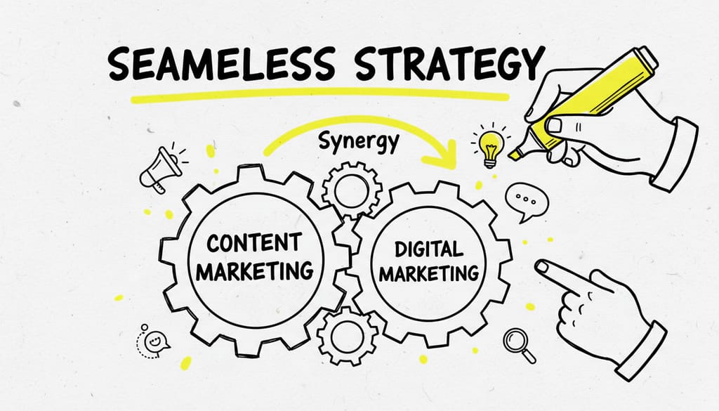 Interlocking gears, one labeled "Content Marketing" and the other "Digital Marketing," symbolizing their seamless, synergistic operation.