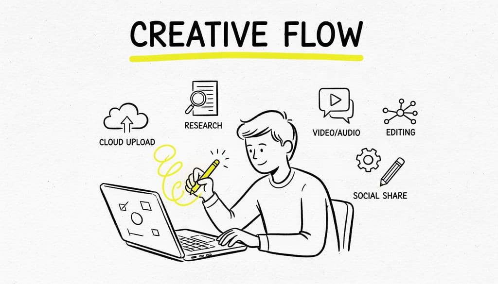 A person writing on a laptop with digital content elements floating around, symbolizing content creation