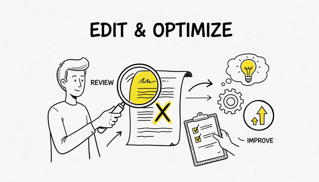 A person proofreading a document with a magnifying glass and a checklist, symbolizing editing and optimization