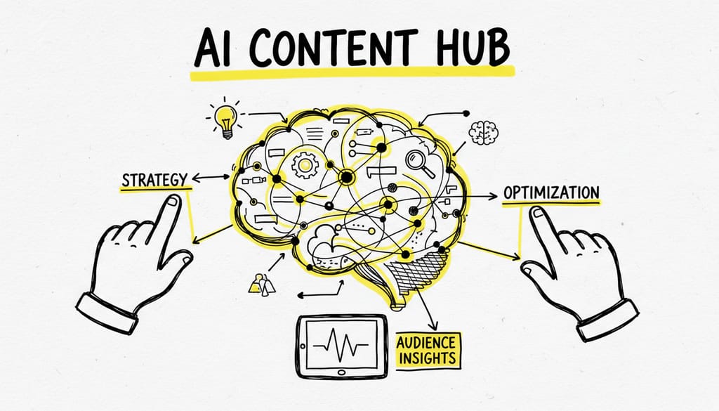 An intricate, glowing network of connections, representing advanced content strategies and AI