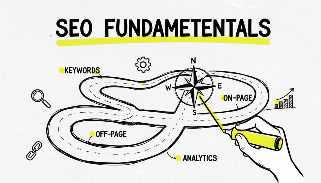 Road map with compass and text 'SEO FUNDAMENTALS'