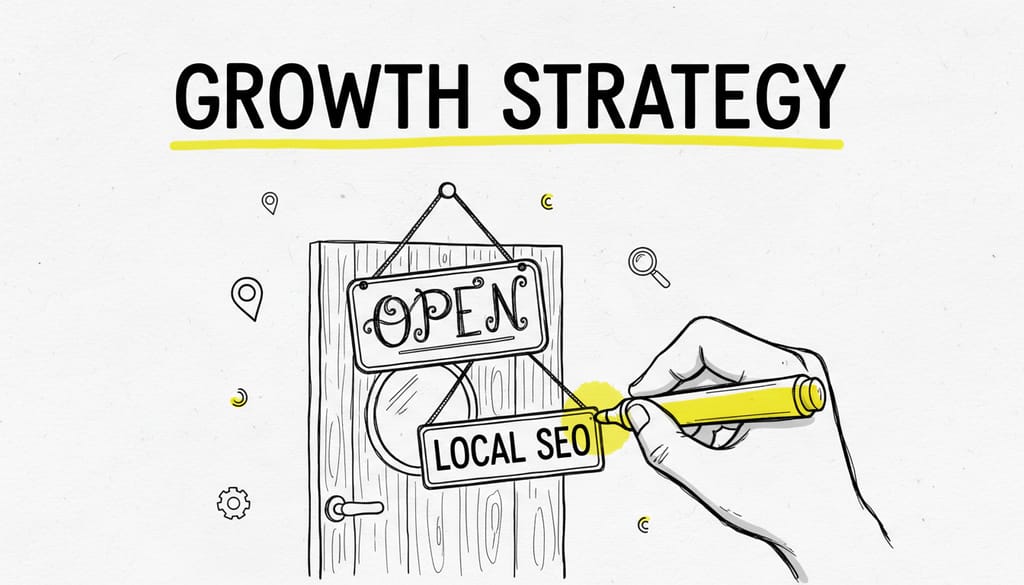 Vintage 'Open' sign on a coffee shop door with text 'LOCAL SEO'