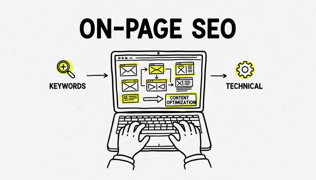 Person's hands typing on a laptop with website wireframes and text 'ON-PAGE SEO'
