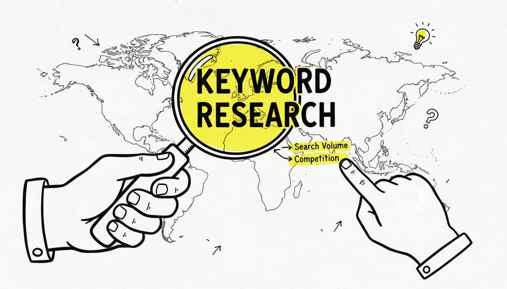 Person using a magnifying glass on a map with text 'KEYWORD RESEARCH'