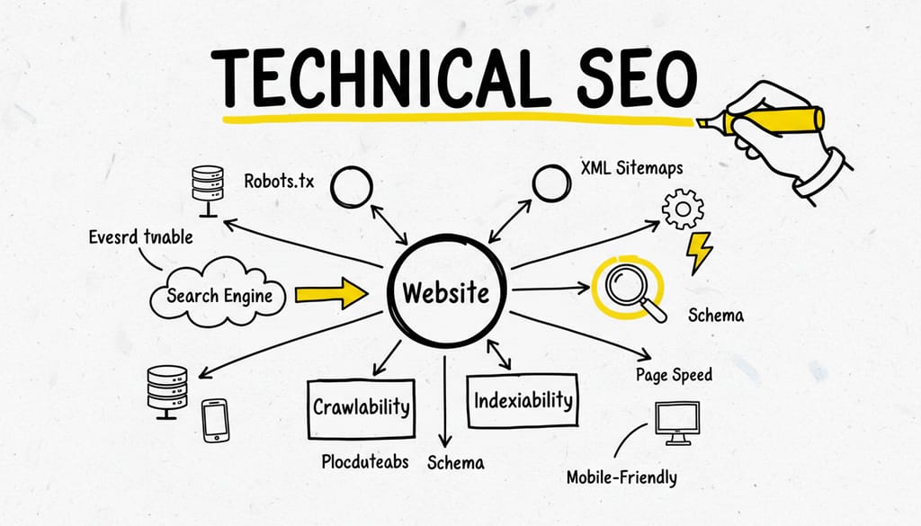 A network diagram with various devices connected and text 'TECHNICAL SEO'