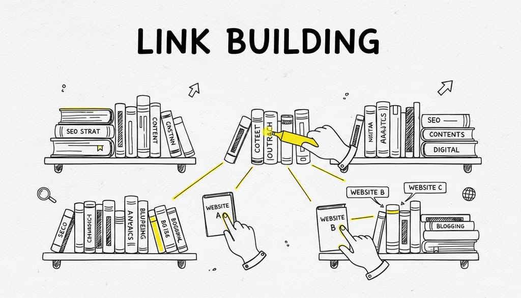 A collection of diverse books on shelves, some with visible titles, and text 'LINK BUILDING'
