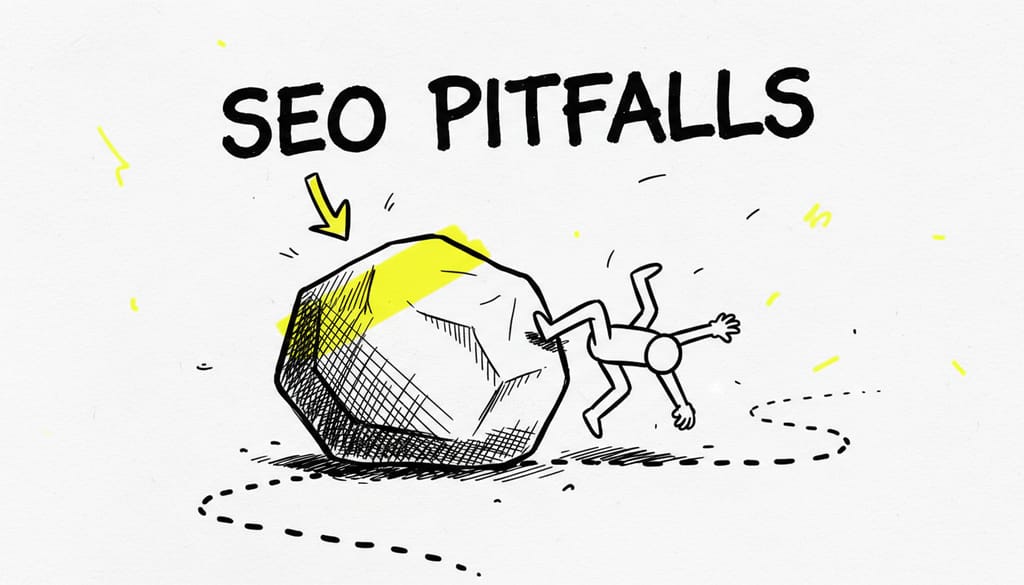 A person tripping over a large obstacle on a path with text 'SEO PITFALLS'
