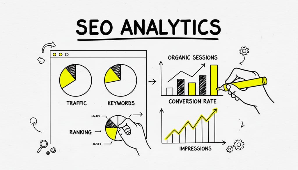 A dashboard displaying various graphs and metrics with text 'SEO ANALYTICS'