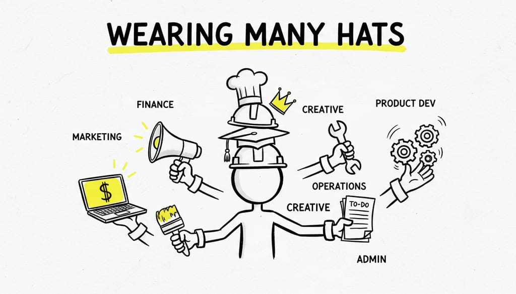 A small business owner juggling multiple tasks, representing the 'wearing many hats' metaphor