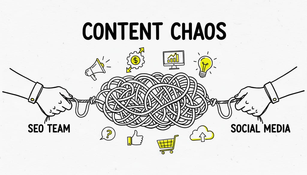 A tangled knot of wires and various marketing tools, symbolizing complexity and lack of cohesion in content strategy