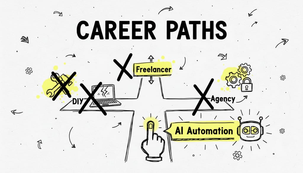 A crossroads with signs pointing to 'DIY', 'Freelancer', and 'Agency', each with a blocked path, while a fourth path 'AI Automation' is clear