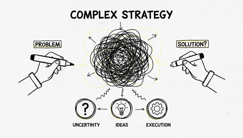 Tangled ball of yarn representing complex strategy