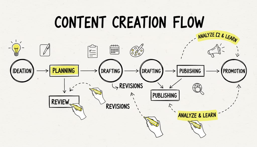 A detailed flowchart illustrating a content creation process, with various steps and feedback loops