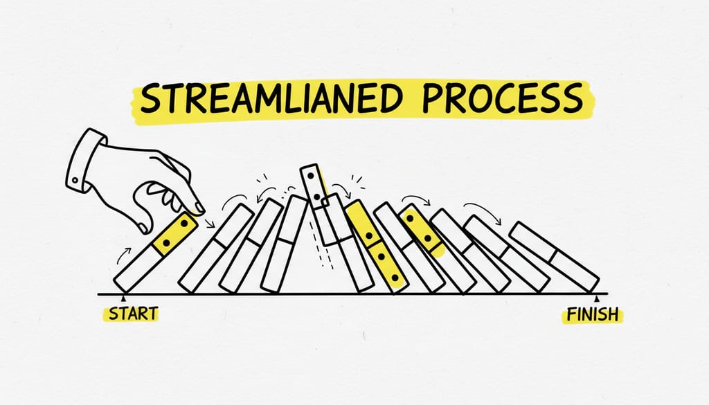 Dominoes falling in a chain reaction with 'STREAMLINED PROCESS' overlaid