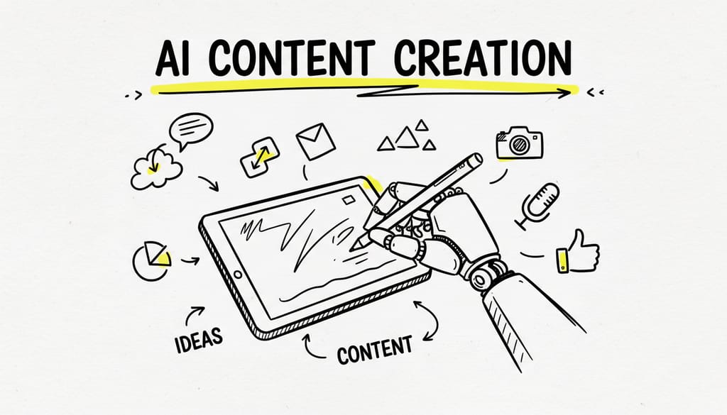 A robot hand writing on a tablet, with digital content elements around it, 'AI CONTENT CREATION' overlaid