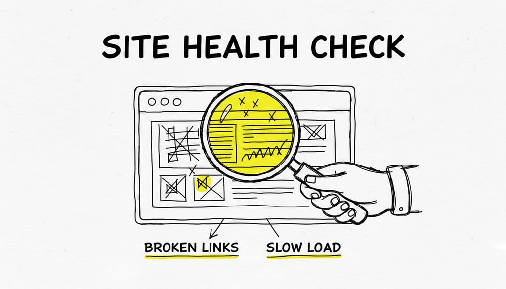 A digital magnifying glass scanning a website on a screen, highlighting errors, 'SITE HEALTH CHECK' overlaid