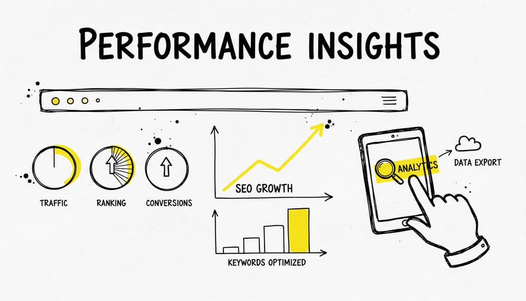 A dashboard displaying graphs and analytics for SEO performance, 'PERFORMANCE INSIGHTS' overlaid
