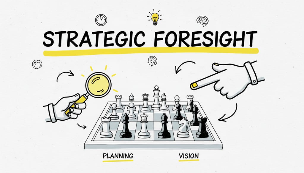 A clear glass chess board with pieces, indicating strategic foresight, 'STRATEGIC FORESIGHT' overlaid