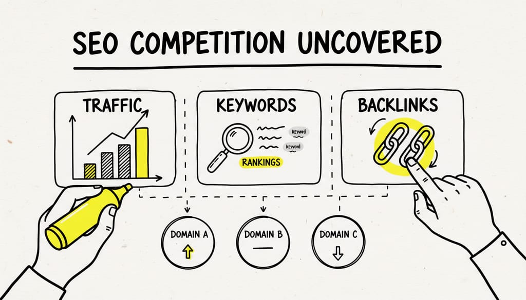 A detailed dashboard displaying various SEO metrics like traffic, keywords, and backlinks for multiple domains, indicating a comprehensive competitive analysis tool.