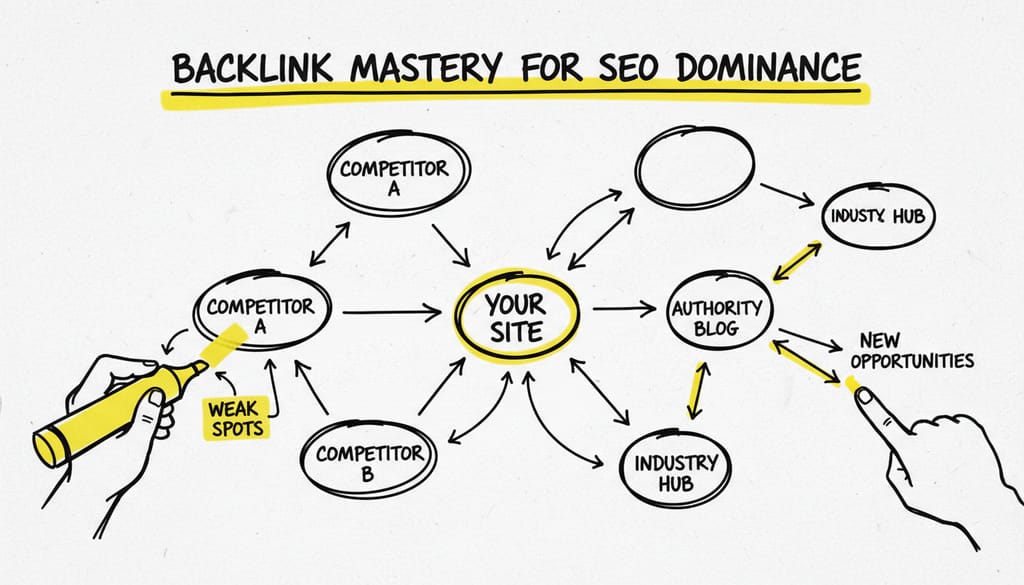 A network graph showing interconnected websites with arrows indicating backlinks, highlighting the strength of backlink analysis in competitive SEO.