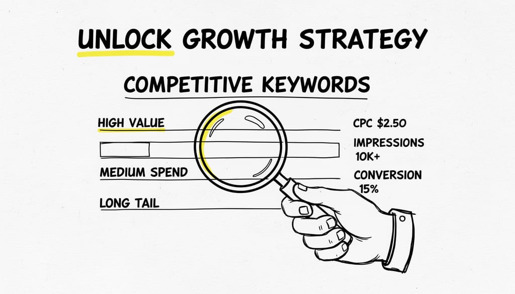 A magnifying glass hovering over a detailed list of keywords and advertising spend data, illustrating deep competitive keyword research.