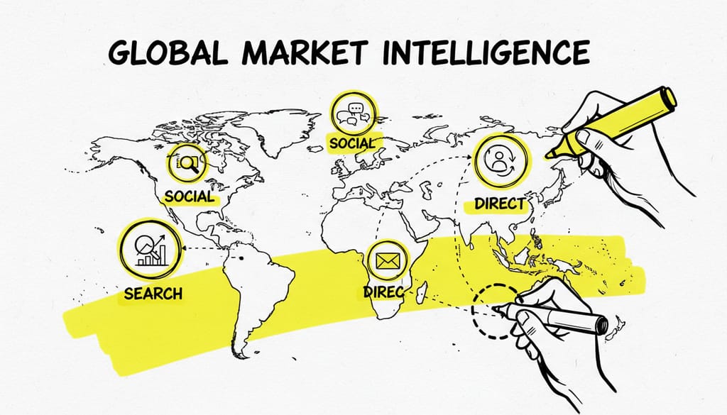 A world map overlayed with various digital marketing channel icons (social, search, direct), representing a broad market intelligence overview.