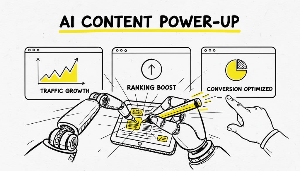 A robotic arm writing an SEO-optimized blog post at high speed, with analytics screens in the background showing traffic growth, symbolizing AI-powered content automation.