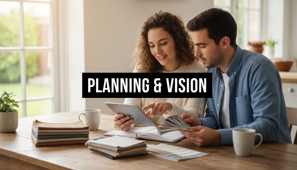 A bright, realistic, single-shot stock photo of a couple sitting at a sunlit kitchen table, looking over design swatches and a tablet. Superimposed on the center is a solid black rectangular box containing the text 'PLANNING & VISION' in bold white font. There is NO other text.