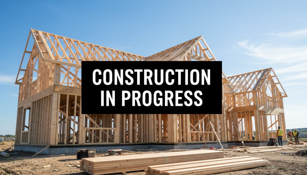 A bright, realistic, single-shot stock photo of a new custom home construction site with the wooden frame being erected against a clear blue sky. Superimposed on the center is a solid black rectangular box containing the text 'CONSTRUCTION IN PROGRESS' in bold white font. There is NO other text.