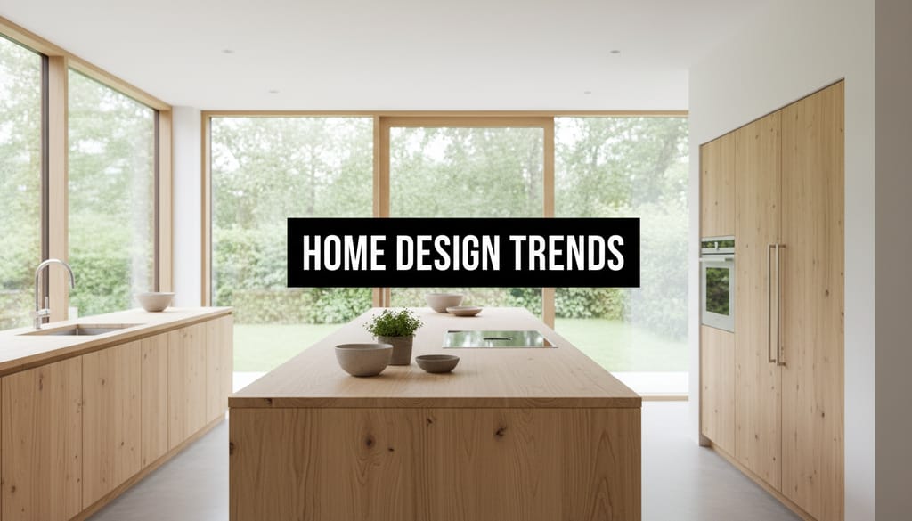 A bright, realistic, single-shot stock photo of a modern kitchen with minimalist design, large windows, and sustainable wood materials. Superimposed on the center is a solid black rectangular box containing the text 'HOME DESIGN TRENDS' in bold white font. There is NO other text.