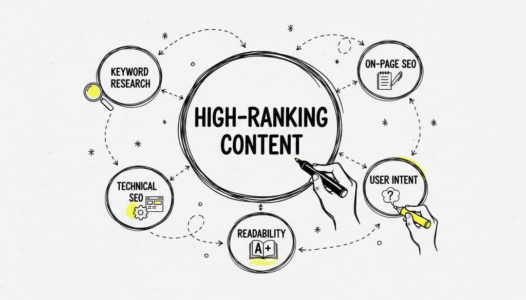 A detailed diagram illustrating the interconnected elements of content optimization, including keyword research, on-page SEO, technical SEO, user intent, and readability, all centered around high-ranking content.