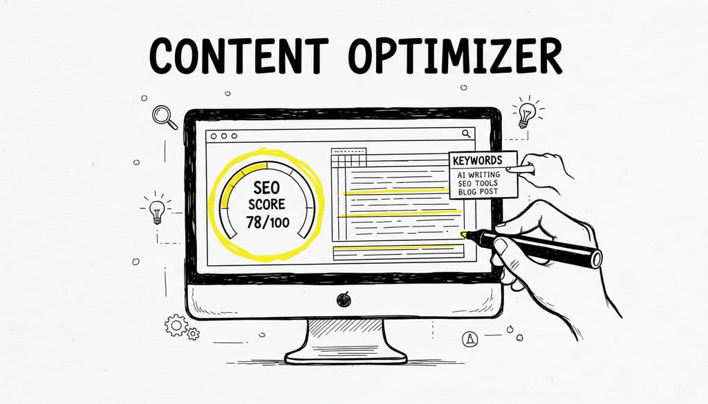 A digital interface showing a content editor with a real-time SEO score and keyword suggestions, overlaid on a computer screen.