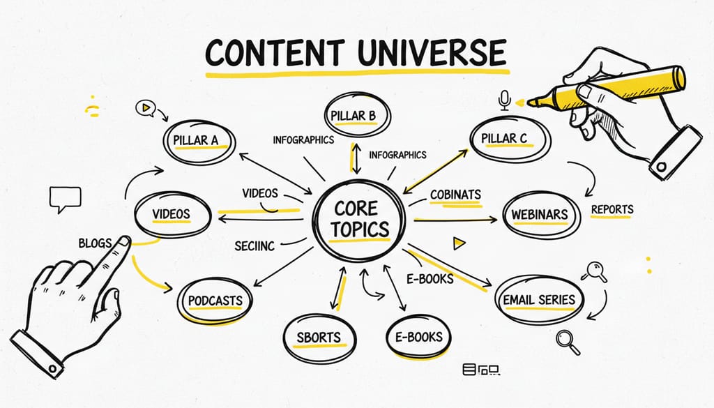 A brain-like network diagram with nodes representing topics and connections, signifying comprehensive content strategy.