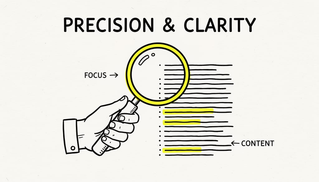 A magnifying glass focused on well-structured text, representing content precision and clarity.