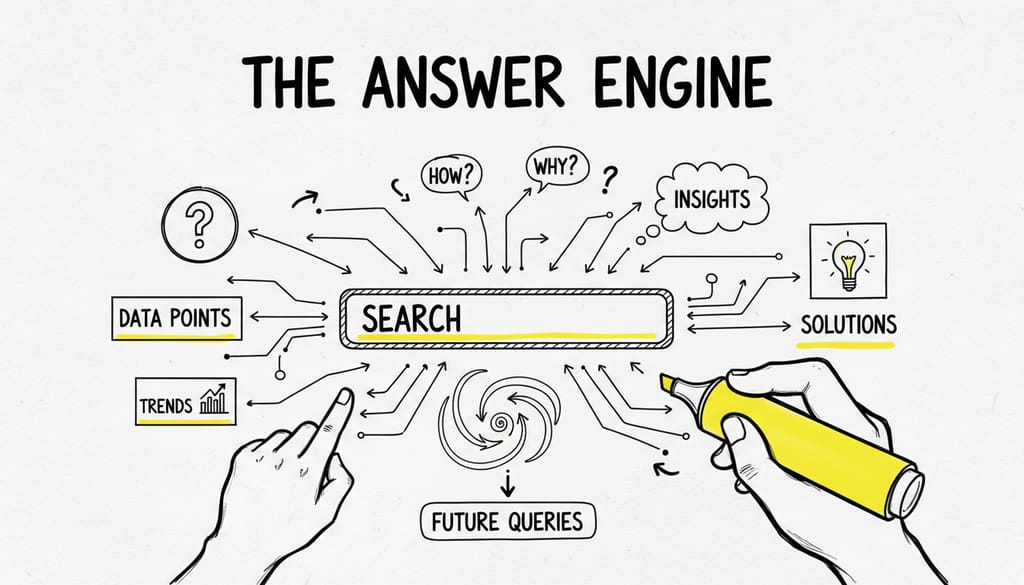 A futuristic search bar with various data points and questions emerging, symbolizing an answer engine.