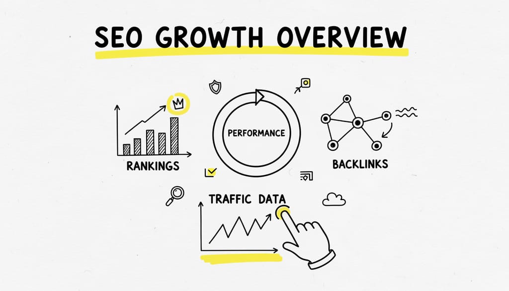 A multi-faceted dashboard displaying various SEO metrics like keyword rankings, backlinks, and traffic data.