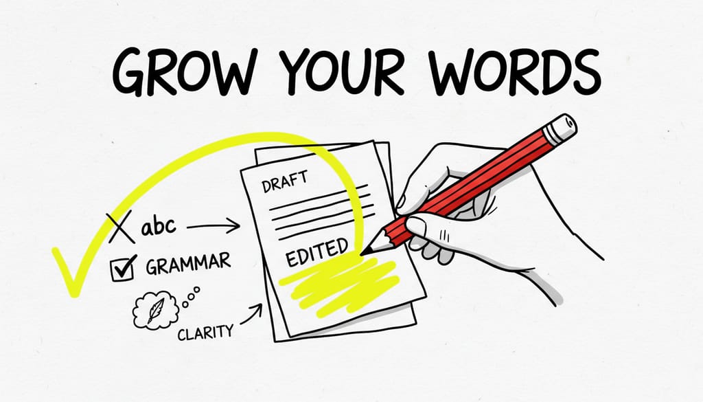 A red pencil marking a correction on a document, symbolizing grammar and writing improvement.
