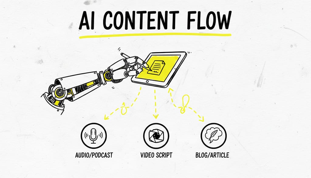 A robotic arm writing on a tablet, symbolizing AI automation in content creation.